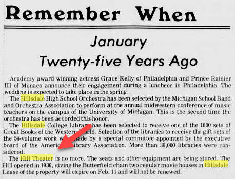 Hill Theatre - Hillsdale Daily News Jan 20 1981 Mention (newer photo)